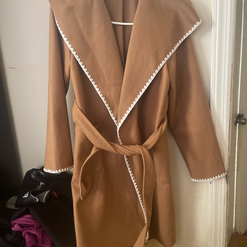 Elegant Brown Women's Coat with White Trim